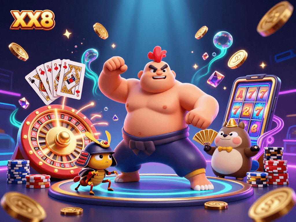 Join the excitement at XX8 with a lively 3D casino scene featuring luck and competition in dynamic action.