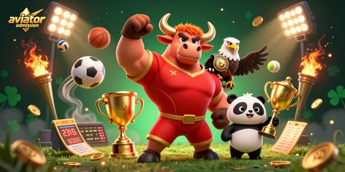 Aviator admission showcasing a bull mascot celebrating victory with an eagle and panda, highlighting online gaming excitement.