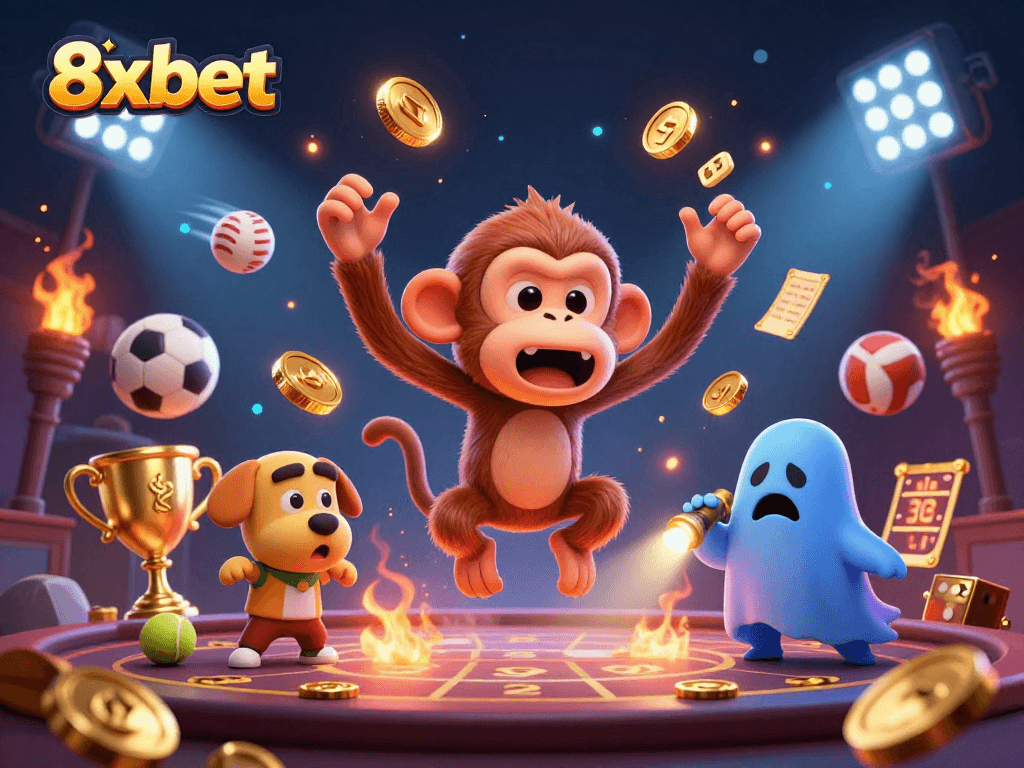 Feel the excitement of 8xbet as a playful poltergeist monkey juggles riches in a vibrant casino adventure.