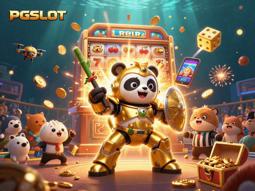 Experience PGSLOT's thrilling action as cartoon characters celebrate a jackpot with vibrant casino elements bursting around them.