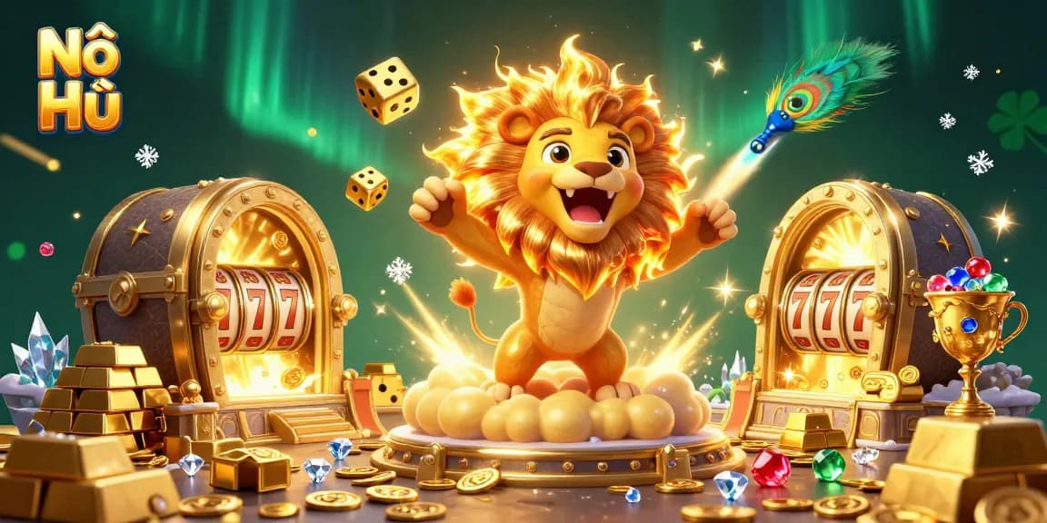 Experience Nổ Hũ rewards with vibrant golden treasures and slot symbols in a dynamic casino scene.