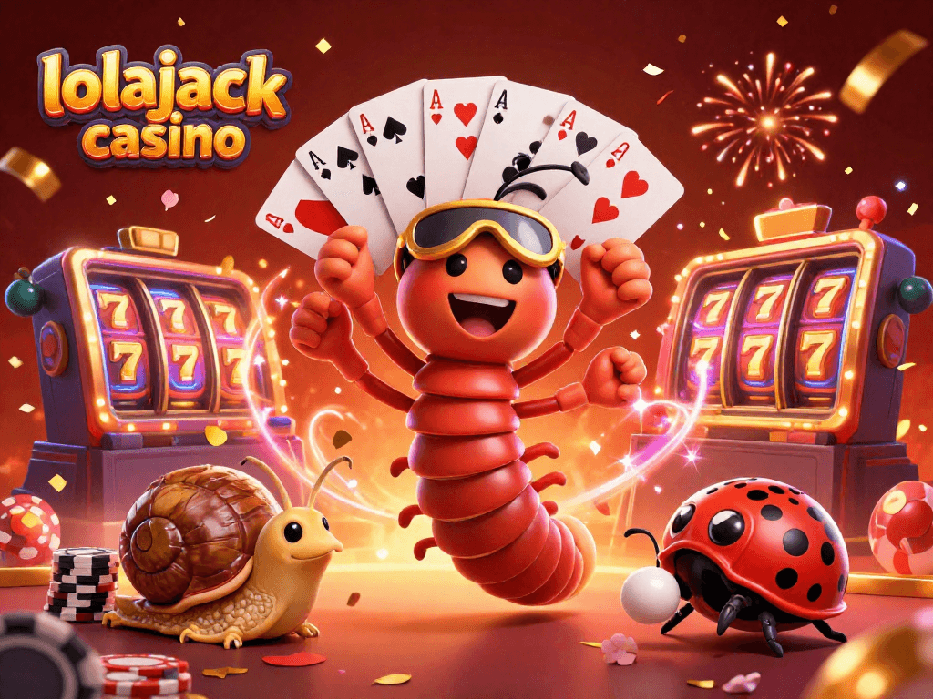 Engage with exciting games at lolajack casino amidst colorful cards and vibrant slot reels.