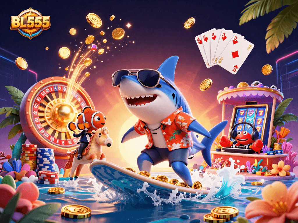 Experience the thrill of BL555 with winning slots and exciting gaming elements in this vibrant illustration.