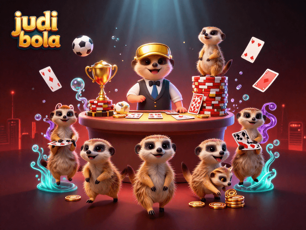 Bettors engaging with judi bola action in a dynamic meerkats casino illustration showcasing sports balls and trophies.