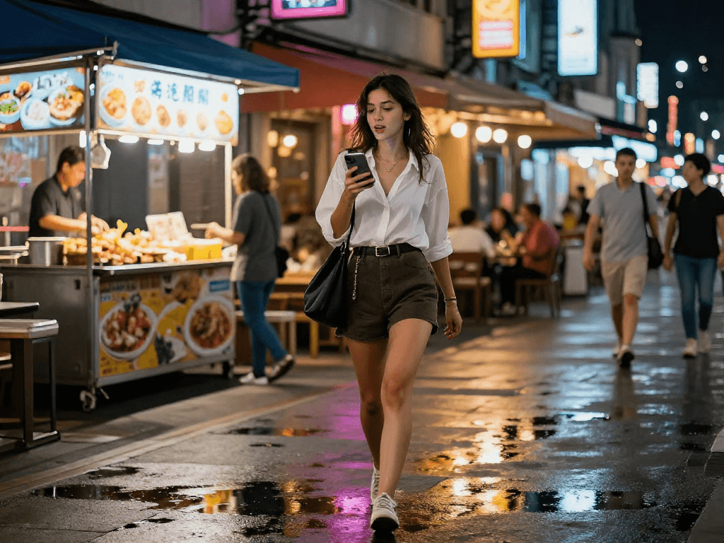 Gái gọi trong không gian phố thị sôi động với ánh đèn neon và món ăn đường phố hấp dẫn.
