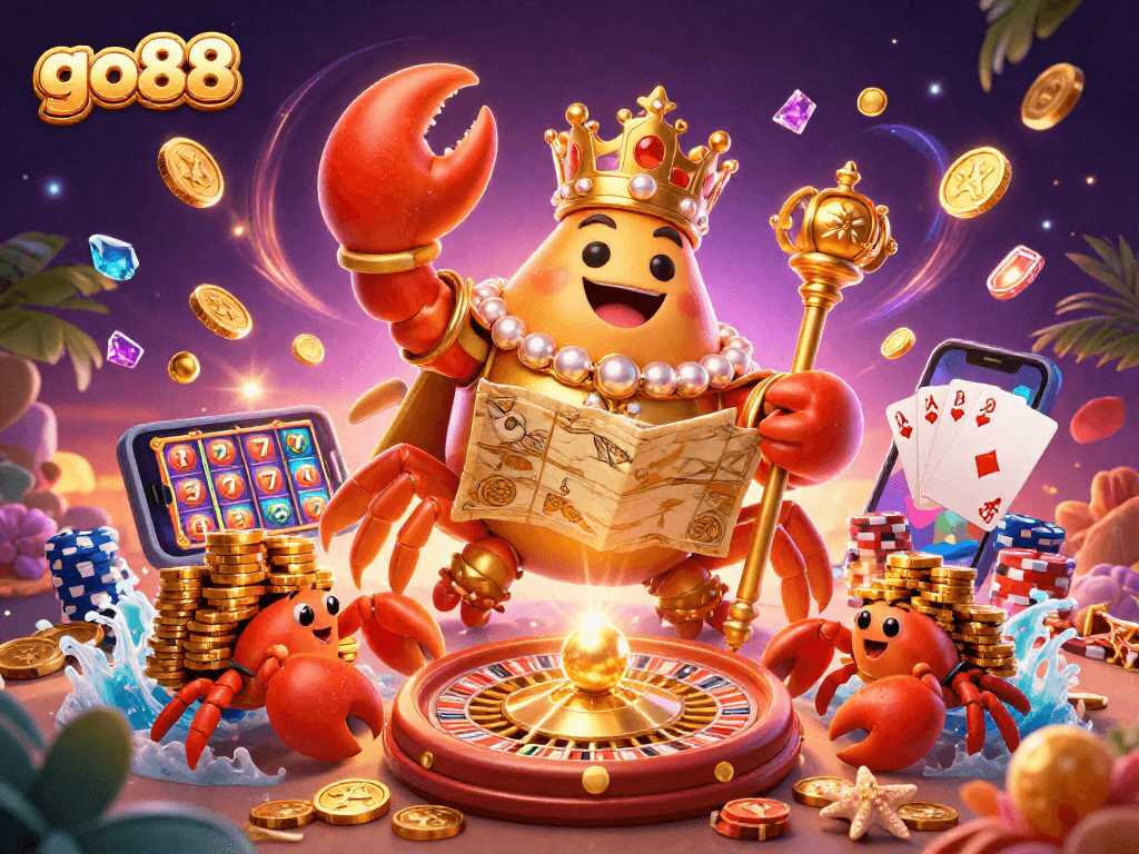 Engaging scene of go88 featuring a golden crab emperor in a dynamic casino setting with gameplay elements.