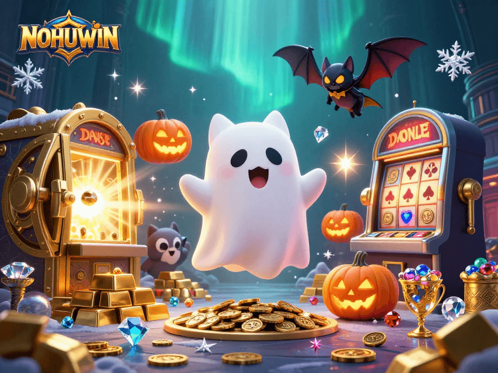 NOHUWIN brings excitement with a ghost cat in a haunted casino surrounded by winning slots and treasures.