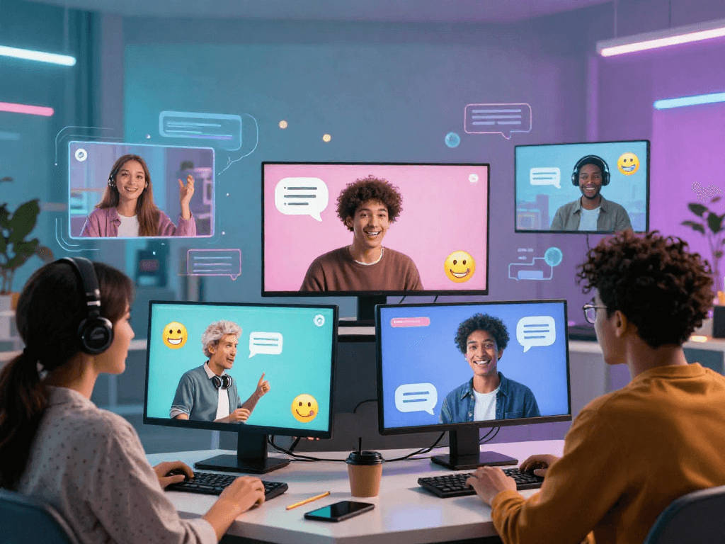 Engaging ai porn chat session with diverse users interacting with AI avatars in a vibrant digital environment.