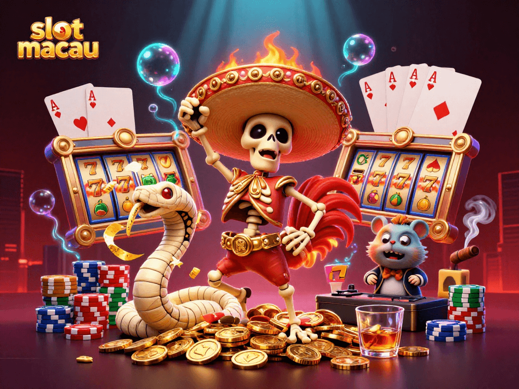 Experience the thrill of slot macau with cartoon characters amid vibrant casino elements.
