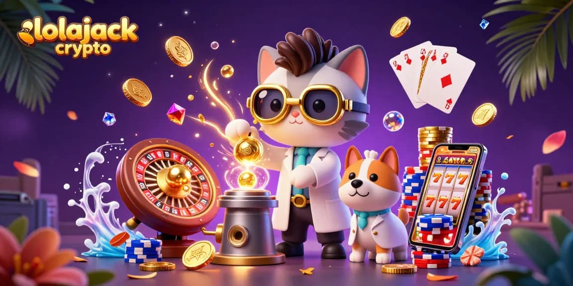 Engage with lolajack crypto in a vibrant 3D casino scene featuring a mad scientist cat and golden elements.