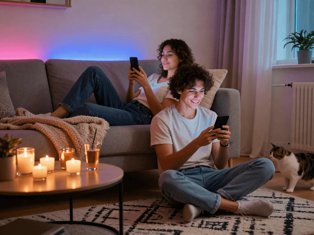 Couple enjoying playful sexting ai interaction in intimate living room setting.