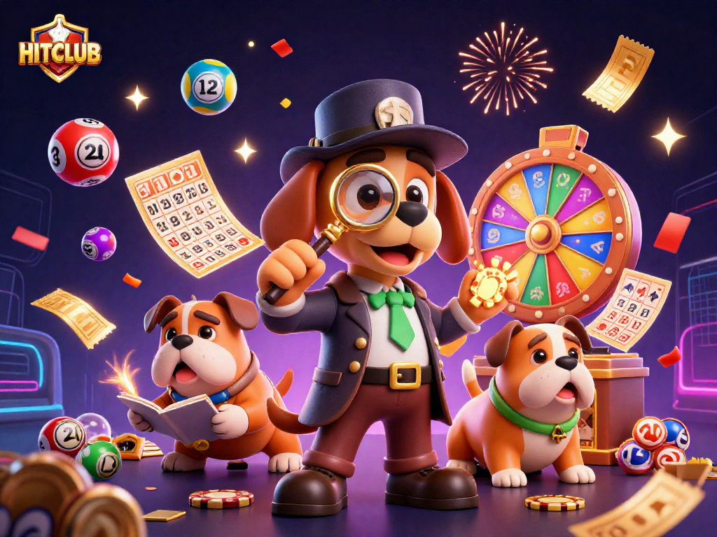Engage with HITCLUB as a cartoon detective uncovers golden poker chips among colorful dynamic lottery elements.