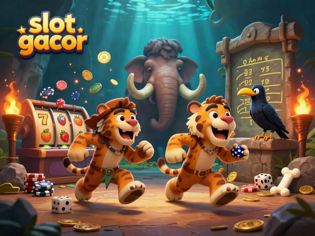 Discover the thrilling slot gacor experience in a dynamic prehistoric casino scene with vibrant characters and elements.