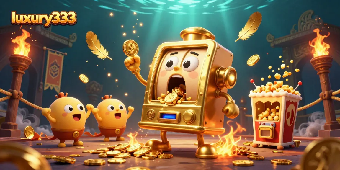 luxury333 menghasilkan jackpot pada mesin slot emas dengan reaksi takjub, dikelilingi koin dan karakter ceria