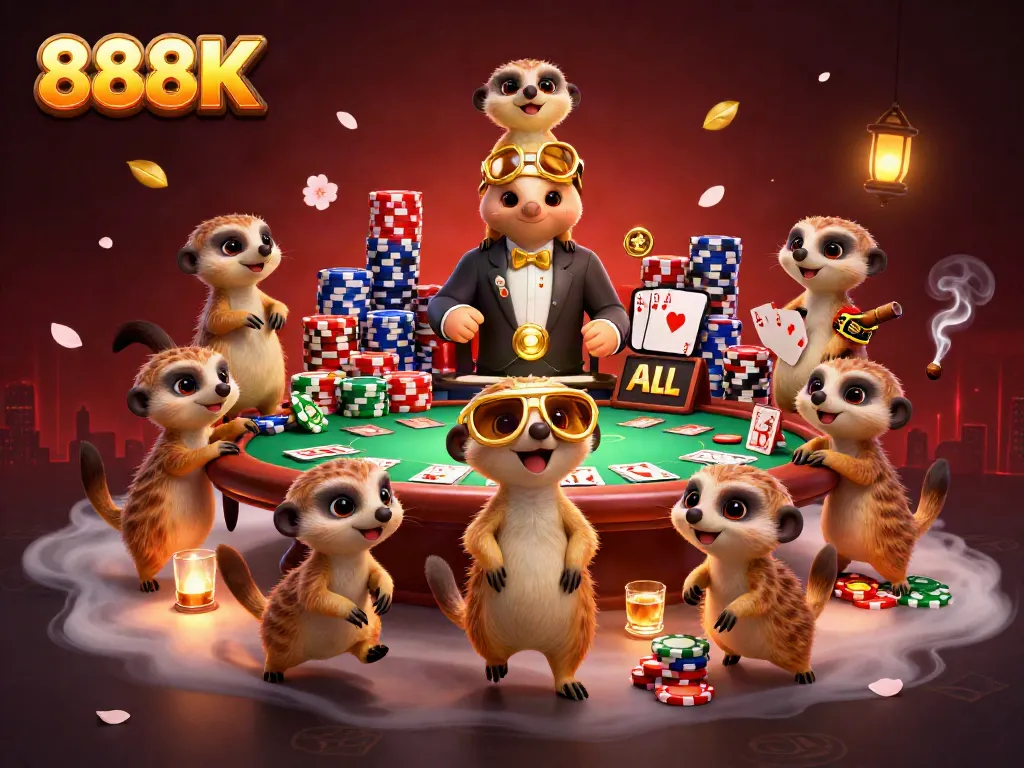 Experience the excitement of 888K with lively meerkats running a vibrant casino scene.