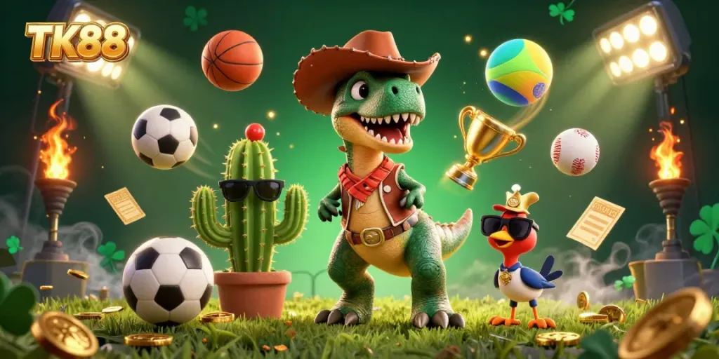 Engage with thrilling TK88 gaming experiences as a cowboy dinosaur and friends immerse in vibrant gameplay.