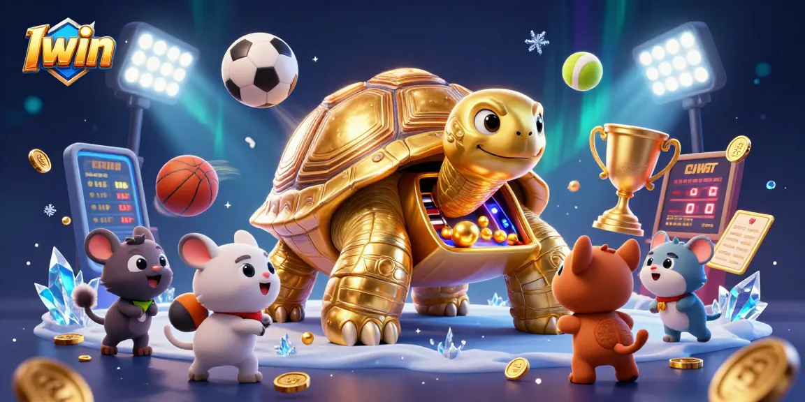 Iwin casino features a colossal golden tortoise pinball machine with vibrant animations and excited animals.