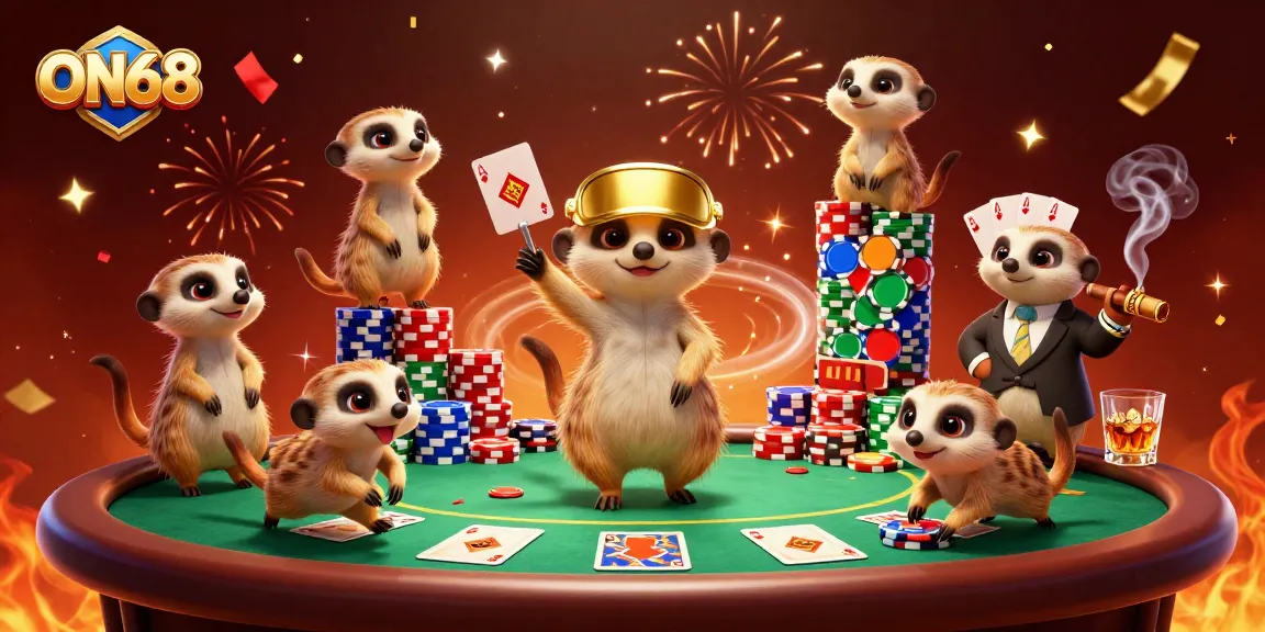 Experience thrilling casino gameplay with ON68's meerkat dealers in a vibrant 3D illustration.