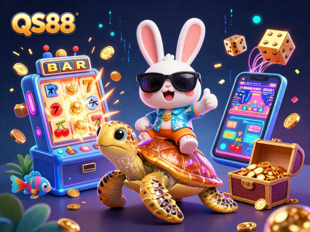QS88 offers exciting games with a lucky rabbit and golden turtle in a vibrant casino scene.