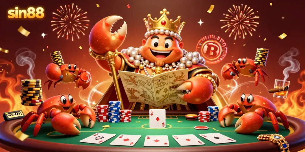 Experience vibrant gaming action at sin88 with a golden crab emperor and poker excitement.