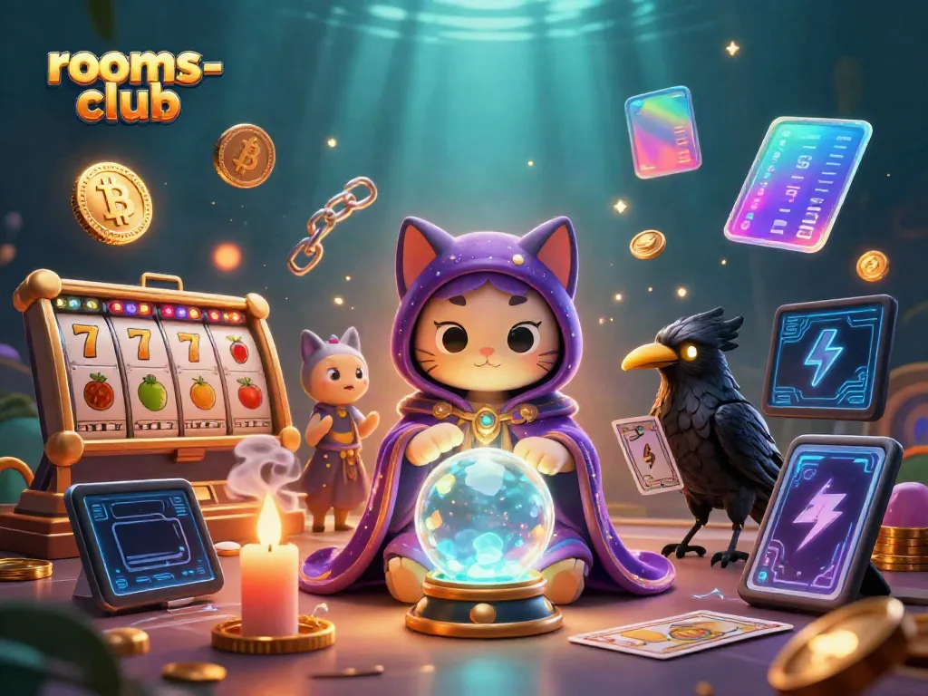 Bermain slot yang menegangkan di platform rooms-club dengan simbol jackpot dan cahaya neon