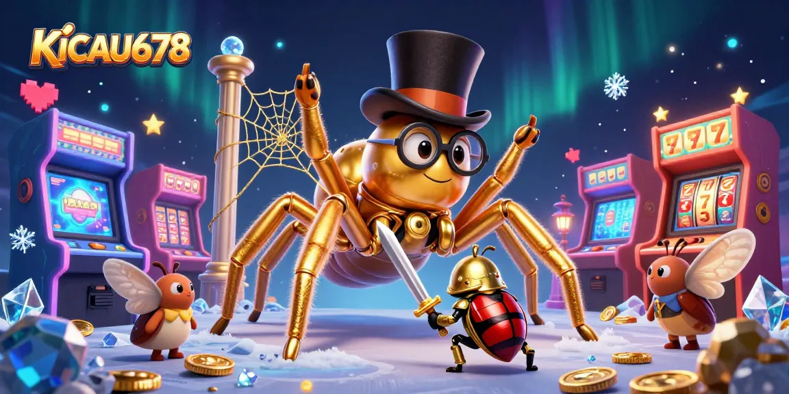KICAU678 showcases an energetic casino scene with a giant tarantula, beetle knight, and arcade game elements.