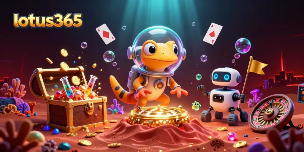 Experience thrilling betting at lotus365 with a vibrant 3D casino adventure illustration.