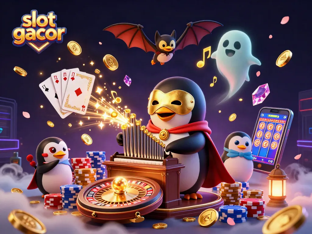 Experience the magic of slot gacor with golden coins cascading from a penguin organist in a lively casino scene.