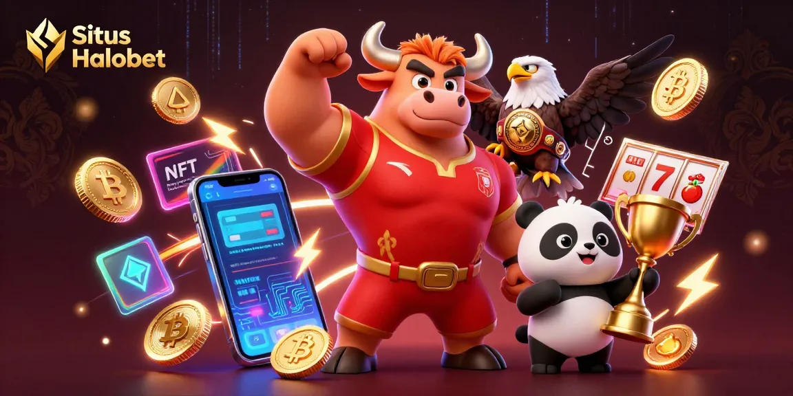 Engage with Situs Halobet's thrilling atmosphere featuring a bull, eagle, and panda celebrating casino success.