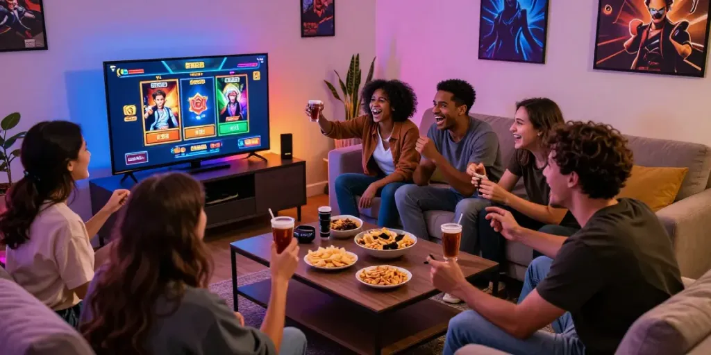 A group of friends enjoying online slot gaming with akunjp in a cozy living room.