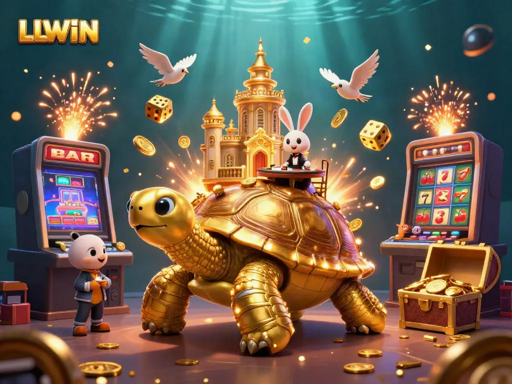 Engage with LLWIN's vibrant casino experience featuring a golden tortoise casino with dynamic game elements.