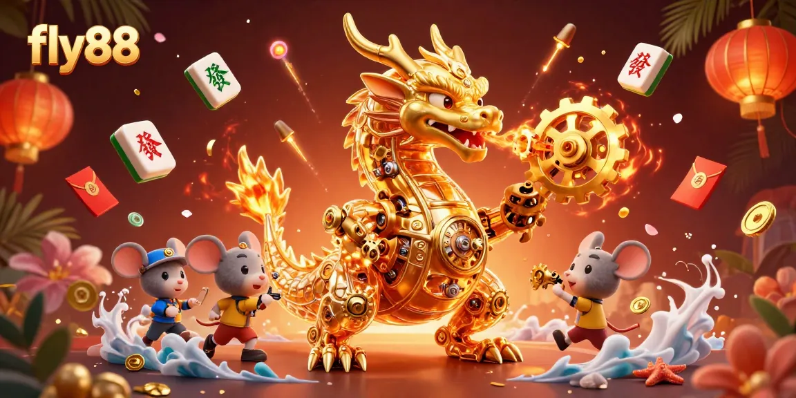 Experience thrilling gaming with fly88, featuring a golden dragon and vibrant casino elements.