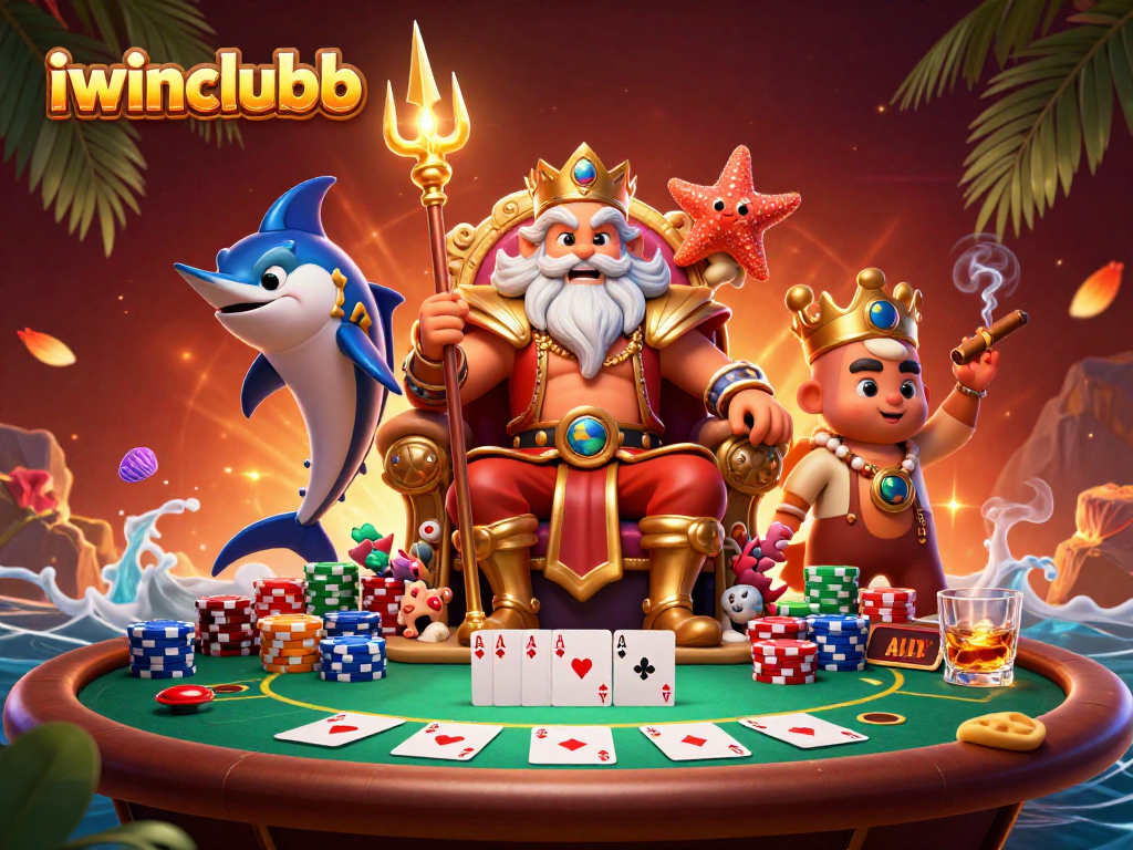 Engage in thrilling gameplay at iwinclubb with sea king Neptune and a colorful poker scene.