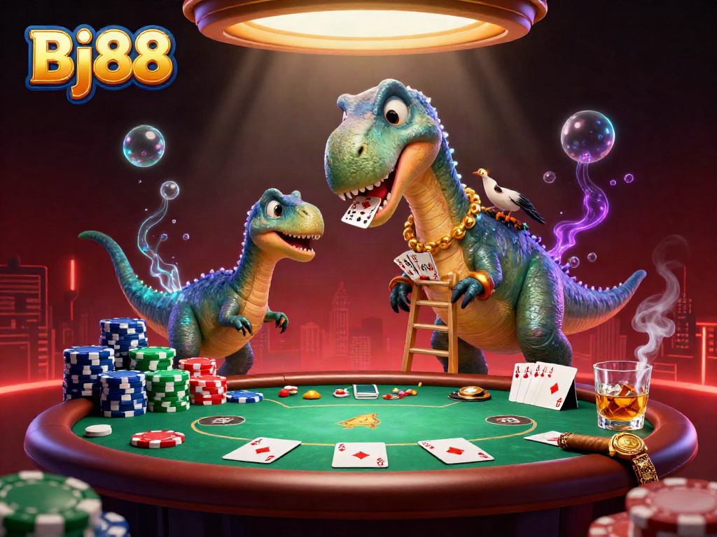 Engage in thrilling poker action at Bj88, featuring a giant brontosaurus and card-dealing raptor!