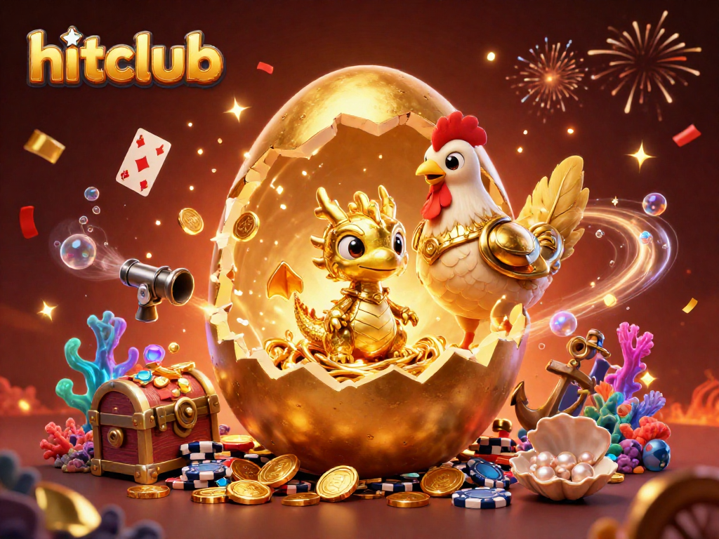 Engage in hitclub with a golden dragon, poker chips, and vibrant casino elements
