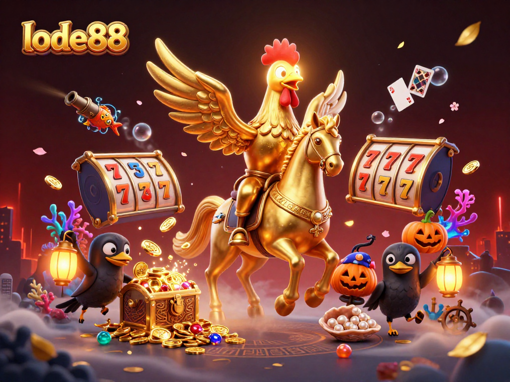 Engage with lode88's exciting casino adventure featuring a golden rooster in a mystical setting.