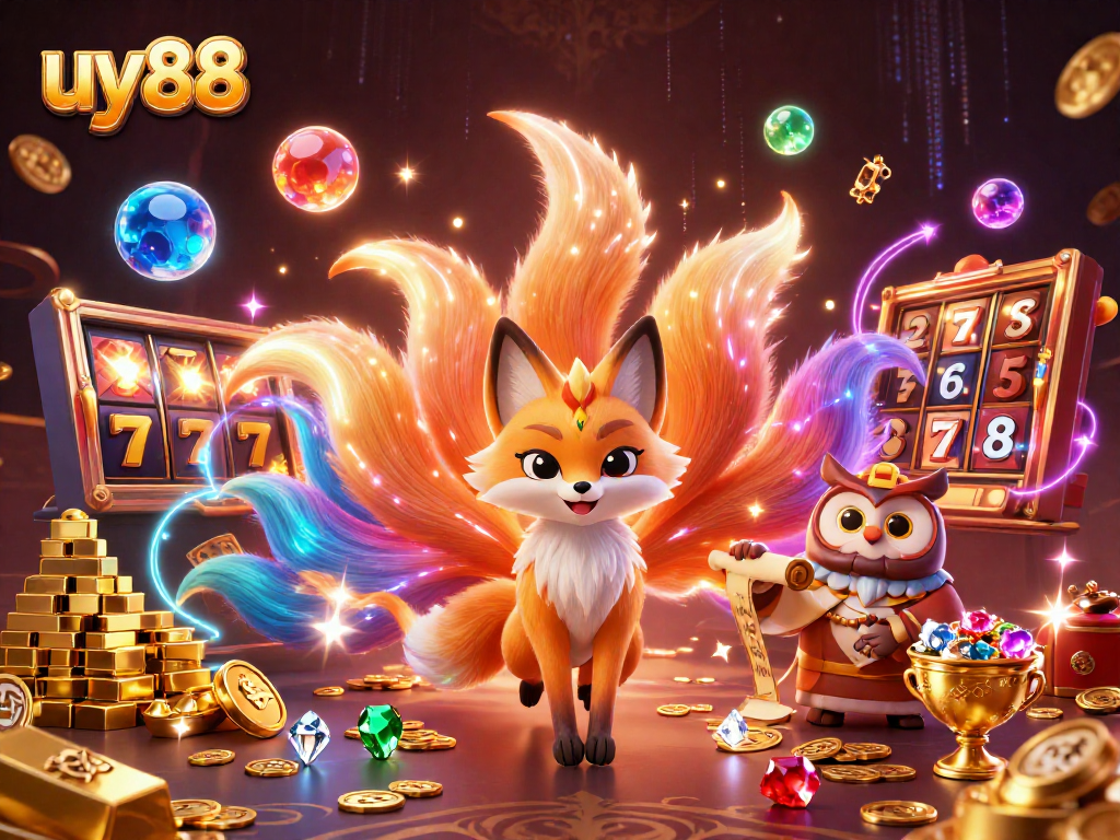 Play your favorite games at uy88 with vibrant visuals, glowing slot reels, and mystical characters.