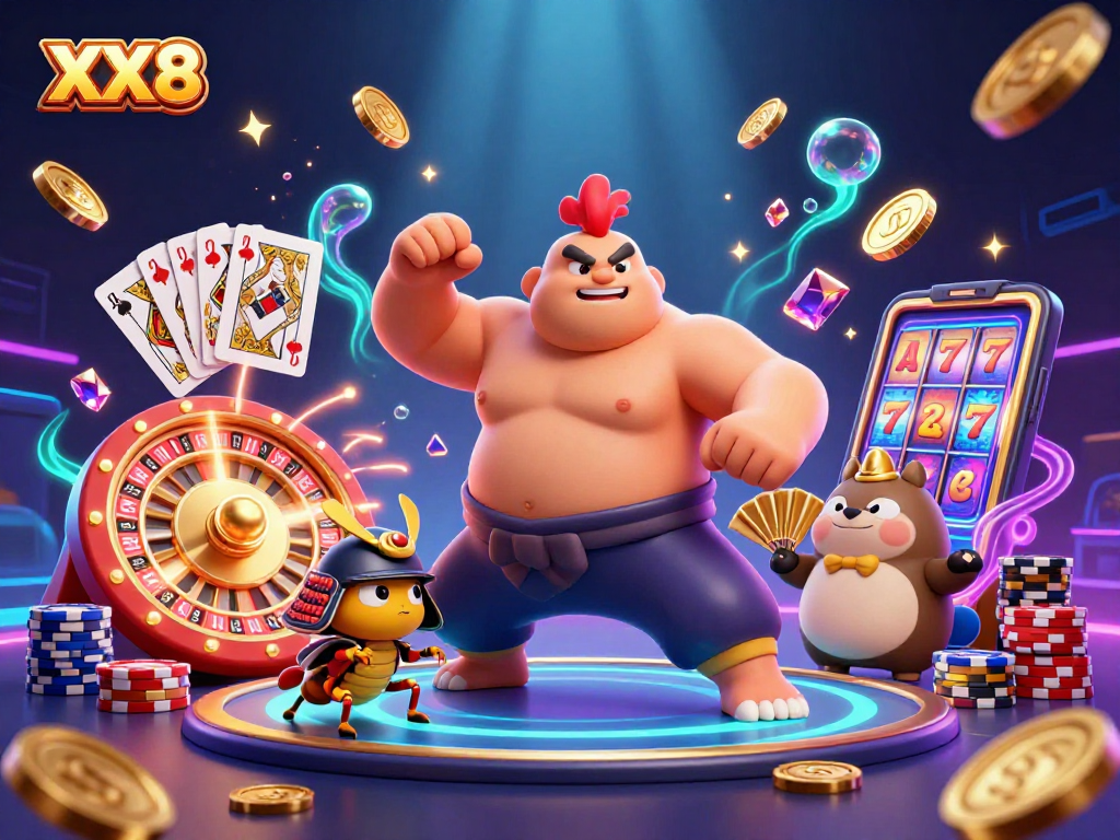 Join the excitement at XX8 with a lively 3D casino scene featuring luck and competition in dynamic action.