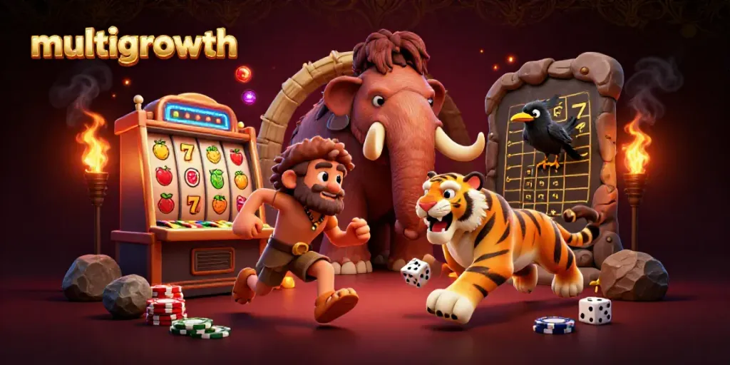 Experience the thrill of multigrowth in a prehistoric casino with a caveman and sabertooth tiger duo.