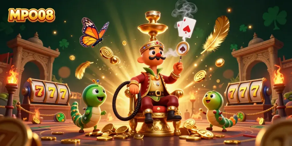 MPO08 showcases a vibrant and dynamic casino scene featuring a caterpillar hookah-master amidst slot reels, poker symbols, and a rich atmosphere