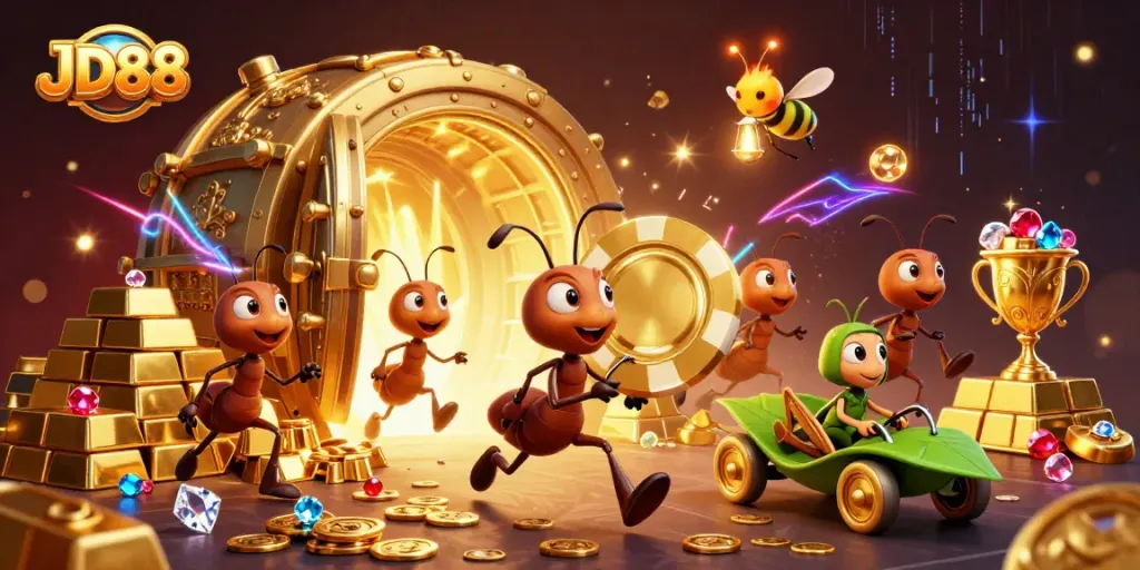Experience thrilling action with JD88: ants carrying a giant poker chip in a vibrant casino scene.