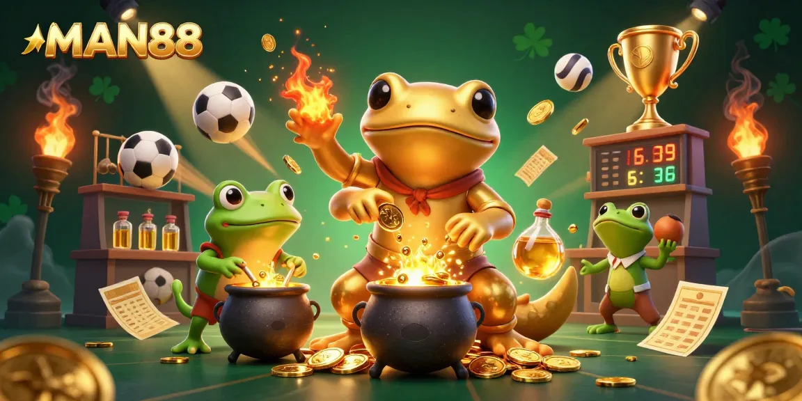 Experience winnings at MAN88 with a vibrant illustration showcasing dynamic sports betting elements and a golden alchemist.