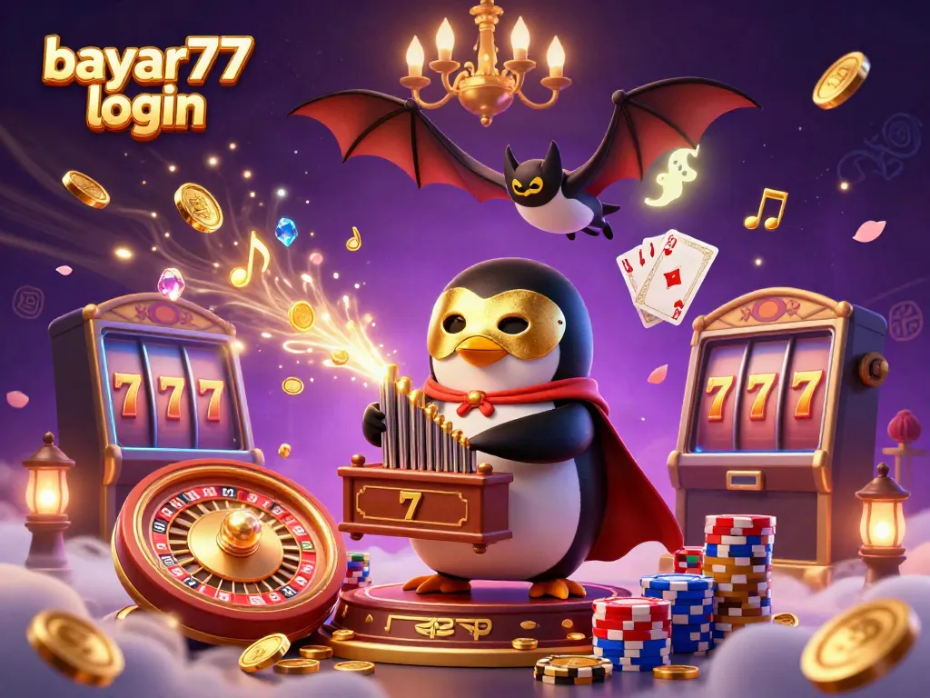 Enhance your gaming with bayar77 login, featuring a penguin organist shooting coins in a vibrant casino.