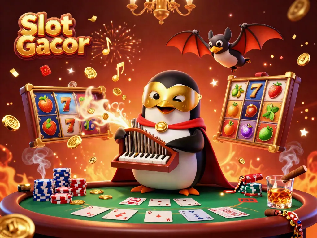 Engage with the Slot Gacor experience featuring a 3D cartoon penguin playing a golden coin organ surrounded by vibrant slot elements.