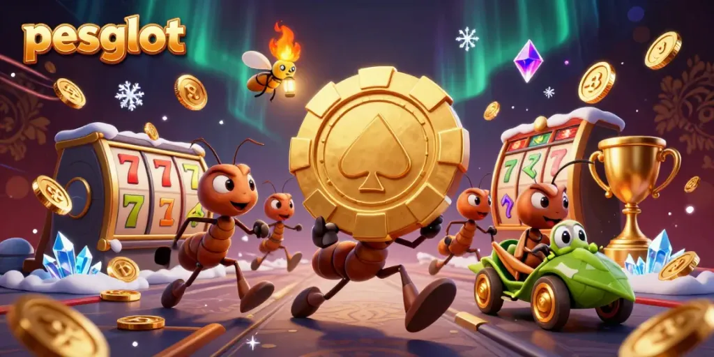Pesgslot: Tim semut membawa chip poker emas di platform casino yang dinamis.
