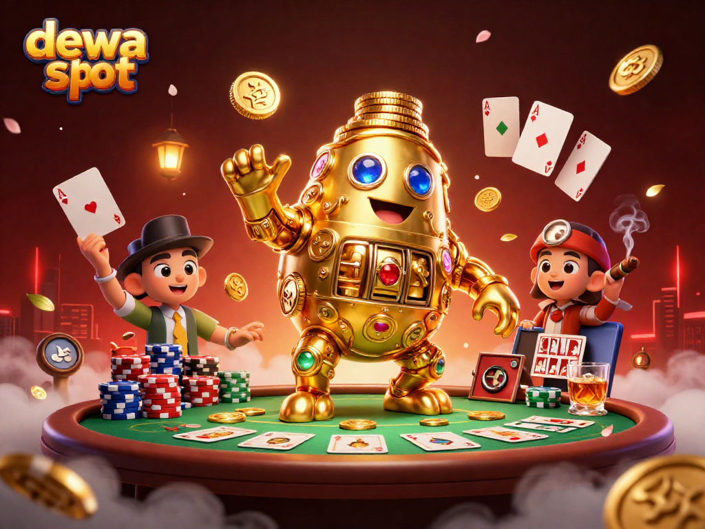 Engage with the vibrant dewa slot scene showcasing a golden golem and poker elements for thrilling gameplay.