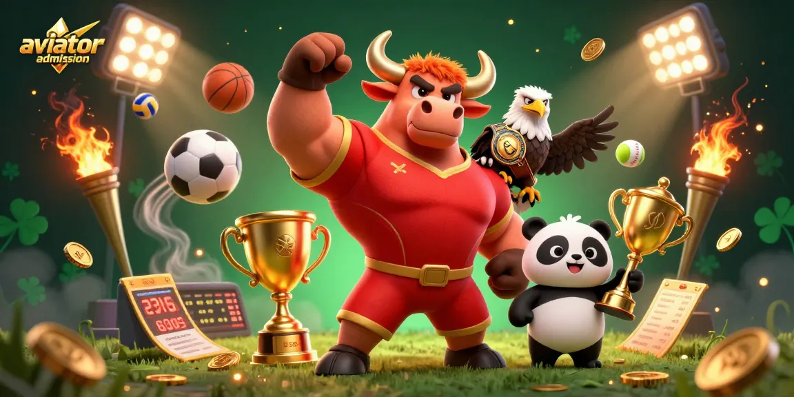 Aviator admission showcasing a bull mascot celebrating victory with an eagle and panda, highlighting online gaming excitement.
