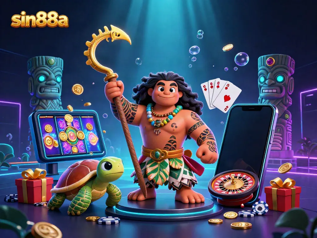 Play thrilling slot games with sin88a in an engaging 3D tropical casino scene with vibrant characters.