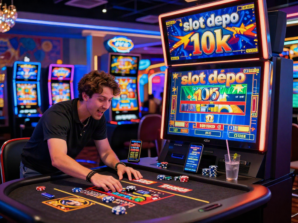 Player enjoying slot depo 10k at virtual casino with vibrant graphics and excitement.