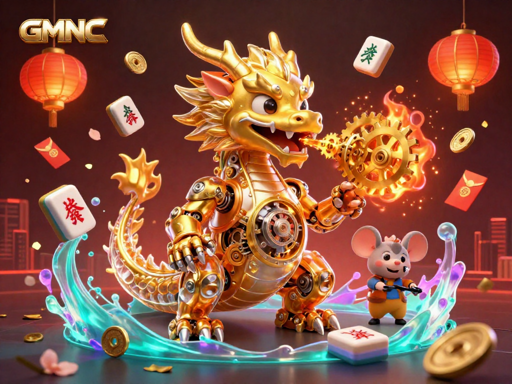 Experience the vibrant gaming energy of GMNC with a golden dragon and dynamic casino elements.
